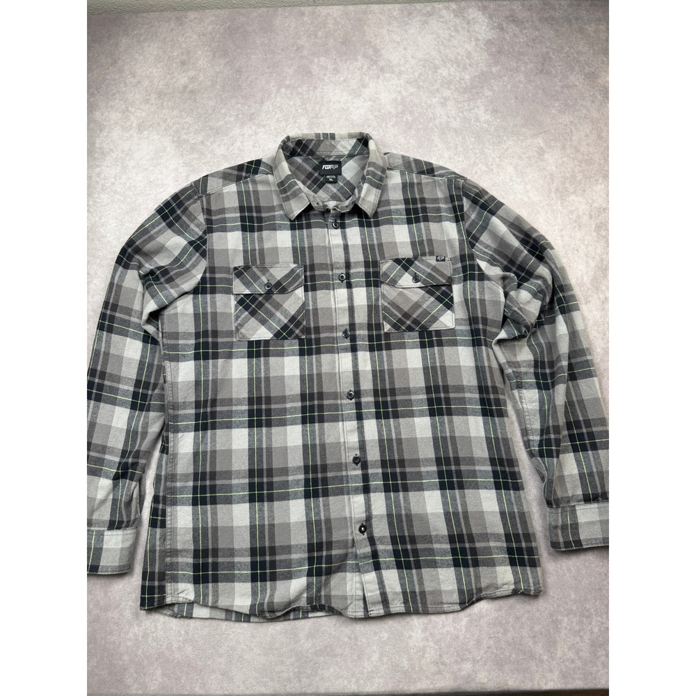 Fox Racing Mens XL Plaid Flannel Shirt Grey Black Lime Green Long Sleeve